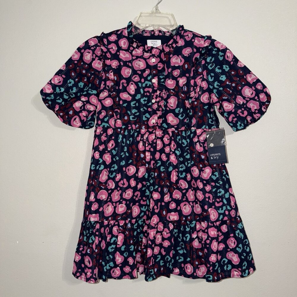 Crown And Ivy Kids Girls Dress Medium Navy Blue Pink Floral Spring Whimsical NEW